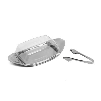 Decopatent Botervloot - Boterschaal met kunststof deksel en metaal - Boter Tang - Botervlootje Boter - RVS & Glas - Butter Dish