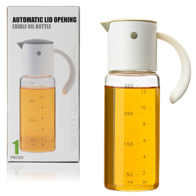 Decopatent Oliefles met Automatische schenktuit - Oliekan Glas - Olie dispenser fles voor olijfolie - Navulbaar - 350 ML - Grijs