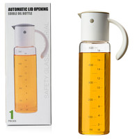 Decopatent Oliefles met Automatische schenktuit - Oliekan Glas - Olie dispenser fles voor olijfolie - Navulbaar - 500 ML - Grijs