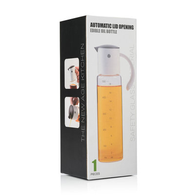 Decopatent Oliefles met Automatische schenktuit - Oliekan Glas - Olie dispenser fles voor olijfolie - Navulbaar - 500 ML - Grijs