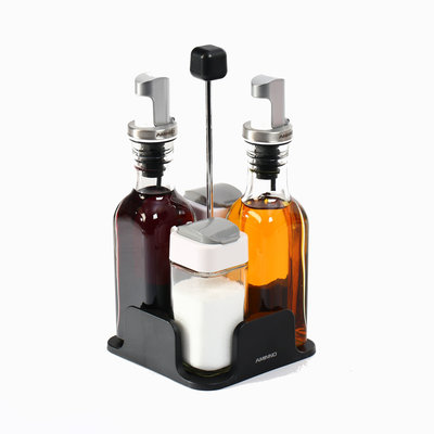 Decopatent Luxe Olie- en Azijn SET met RVS schenktuit in houder - Bestaande uit 1x Oliefles 1x Azijnfles van Glas & 2x Specerijen potjes - Glazen Olijfolie fles - Azijn fles - Handige compacte houder voor olie & azijn voor op tafel of in de keuken - Decopatent®