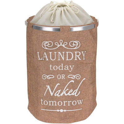 Decopatent Ronde Wasmand met Tekst LAUNDRY TODAY OR NAKED TOMORROW voor al uw vieze was - Inhoud 50 Liter - Badkamer wasmand Rond afsluitbaar - Waszak - Wasmanden in verschillende kleuren - Kleur: LICHT BEIGE - Decopatent®