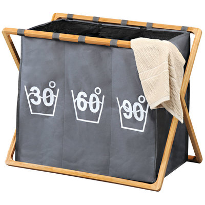 Kesper Wassorteerder 3 Vakken - Wasmand FSC® Bamboe houten Frame - Sorteer op 30° 60° 90° - Grote opvouwbare wasmand met 3 Vakken - 141 L