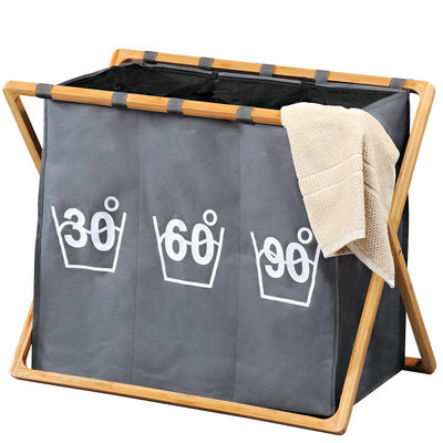 Kesper Wassorteerder 3 Vakken - Wasmand FSC® Bamboe houten Frame - Sorteer op 30° 60° 90° - Grote opvouwbare wasmand met 3 Vakken - 141 L