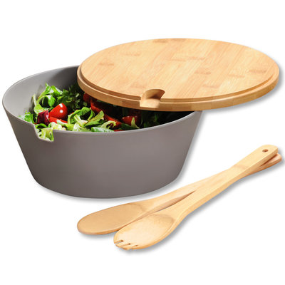 Kesper Salade Schaal Ø26 Cm - Saladeschaal met FSC® Bamboe Deksel en 2 Salade Lepels - Slakom - Salade Bak - Afm 26x26x11 Cm - SET