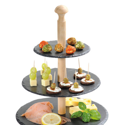 Kesper Etagere 3 Laags - Leisteen & Bamboe hout - Hoge kwaliteit - Etagere - Houten hapjesschaal 3 lagen - serveerschaal - tafel etagère