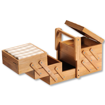 Kesper FSC® Bamboe houten Naaikist - Naaidoos opbergbox 5 vakken - Naaibox met Handvat - Compact uitklapbaar - Naaigarnituur Naaikoffer