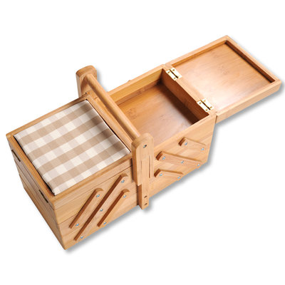 Kesper FSC® Bamboe houten Naaikist - Naaidoos opbergbox 5 vakken - Naaibox met Handvat - Compact uitklapbaar - Naaigarnituur Naaikoffer
