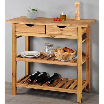 Kesper FSC® Acazia houten Keukentrolley - 2 laags Legplanken en met 2 Schuiflade's - Keukenkast- Bijzettafel - Keuken kast- 90x40x85 Cm