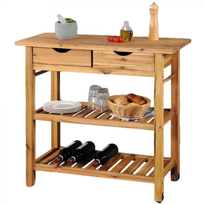 Kesper FSC® Acazia houten Keukentrolley - 2 laags Legplanken en met 2 Schuiflade's - Keukenkast- Bijzettafel - Keuken kast- 90x40x85 Cm