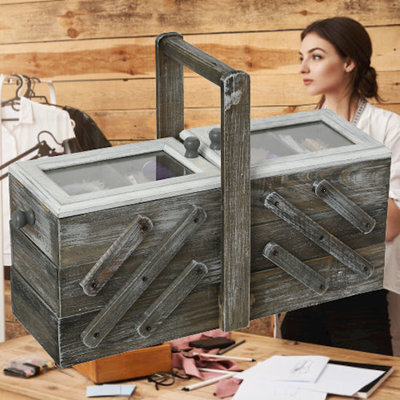 Decopatent Decopatent® Houten Naaikist - Naaidoos opbergbox 5 vakken - Naaibox met Handvat - Compact uitklapbaar - Naaigarnituur Naaikoffer
