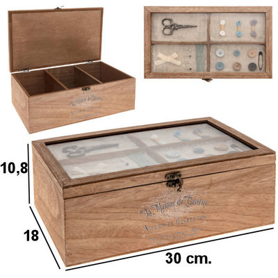 Decopatent Decopatent® Houten Naaikist - Naaidoos opbergbox 3 vakken - Naaibox met Deksel- Compact - Naaigarnituur Naaikoffer - Licht Bruin