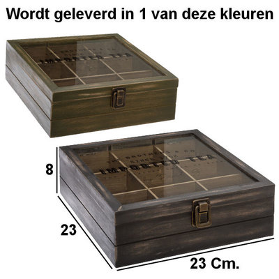 Decopatent Decopatent® Theedoos 9 vaks - Koloniaal Design theedoos met doorzichtig venster - Mdf Hout - 9 vakken theekist - Kaki OF Grijs