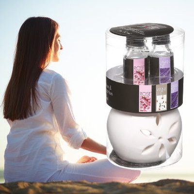 Decopatent Decopatent® Oliebrander SET - Aromabrander voor Geurolie - INCL 3x 10ML Bloemenoliën - Vanille Roos Lavendel - Olieverdamper SET