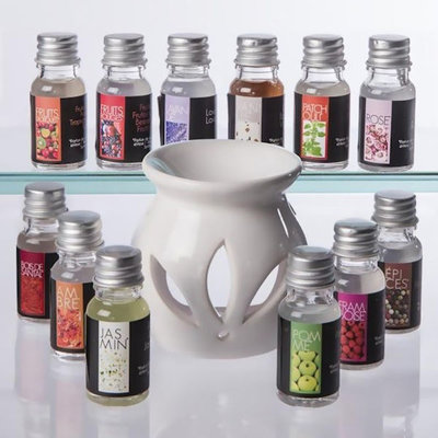 Decopatent Decopatent® Oliebrander SET - Aromabrander voor Geurolie - INCL 12x 10ML Oliën - Jasmijn Vanille Roos Lavendel - Olieverdamper SET