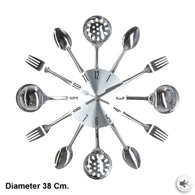 Decopatent Decopatent® Ronde Bestek Wandklok 38 Cm - Klok met Bestek - Vork - Lepel - Keukenklok Wandklok - Keuken - Woonkamer - Restaurant