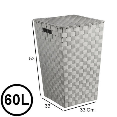 Decopatent Decopatent® Wasmanden met deksel -  60 Liter - Geweven wasmand - Wasbox met optil deksel - Polypropyleen - Afm 33x33x53 Cm - Grijs