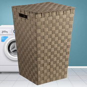 Decopatent Decopatent® Wasmanden met deksel -  60 Liter - Geweven wasmand - Wasbox met optil deksel - Polypropyleen - Afm 33x33x53 Cm - Taupe