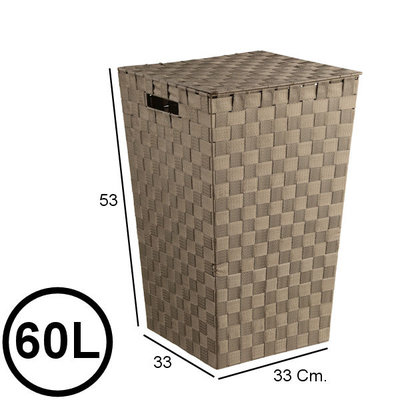 Decopatent Decopatent® Wasmanden met deksel -  60 Liter - Geweven wasmand - Wasbox met optil deksel - Polypropyleen - Afm 33x33x53 Cm - Taupe