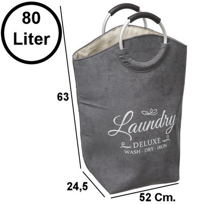 Decopatent Decopatent® XL Wasmand 80L - Tekst Deluxe Laundry -> Wash Dry Iron - Waszak met handvat - Grote Badkamer Wasmand - Velours - Grijs