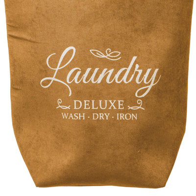 Decopatent Decopatent® XL Wasmand 80L - Tekst Deluxe Laundry -> Wash Dry Iron - Waszak met handvat - Grote Badkamer Wasmand - Velours - Geel