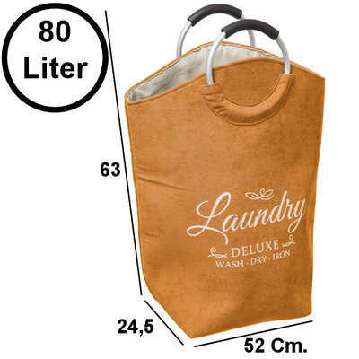 Decopatent Decopatent® XL Wasmand 80L - Tekst Deluxe Laundry -> Wash Dry Iron - Waszak met handvat - Grote Badkamer Wasmand - Velours - Geel