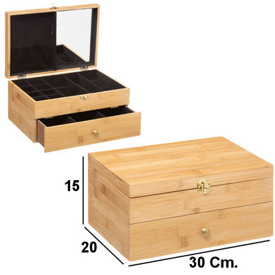 Decopatent Decopatent® Luxe Juwelendoos - Spiegel 26 Vakken en Lade - Bamboe houten - Sieradenhouder - Bijouterie Kist - Sieradendoos Dames