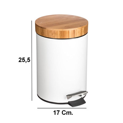 Decopatent Decopatent® Pedaalemmer 3 liter - Met Bamboe Houten Deksel - Pedaalemmer 3L - Prullenbak - Keuken toilet - 17Øx25.5 Cm - Mat Wit