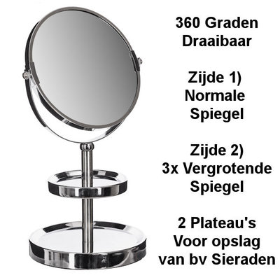 Decopatent Decopatent® - Staande 360° Makeup Spiegel - Scheerspiegel - Badkamerspiegel - Glas Spiegel & Achterzijde 3x Vergrotend - Chrome