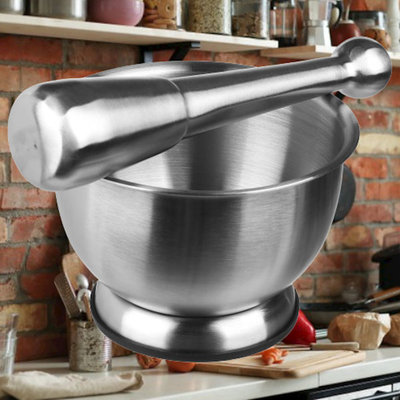 Decopatent Decopatent® Vijzel met stamper van RVS Metaal Ø 12 cm - Fijnstampen en vermalen van Kruiden - Vijzel en stamper Afm 12 x 12 x 8 Cm