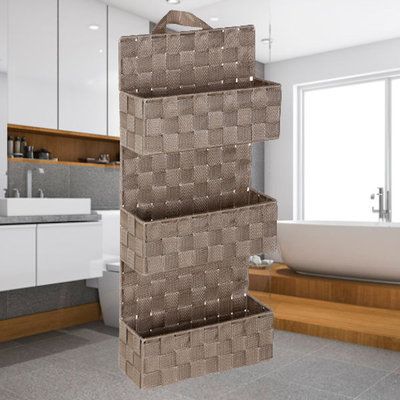 Decopatent Decopatent® Badkamerrek - Gevlochten badkamerplank - 3 Laags Badkamermand - Om op te hangen aan de muur - 25x9x57 Cm - Taupe