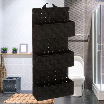 Decopatent Decopatent® Badkamerrek - Gevlochten badkamerplank - 3 Laags Badkamermand - Om op te hangen aan de muur - 25x9x57 Cm - Zwart