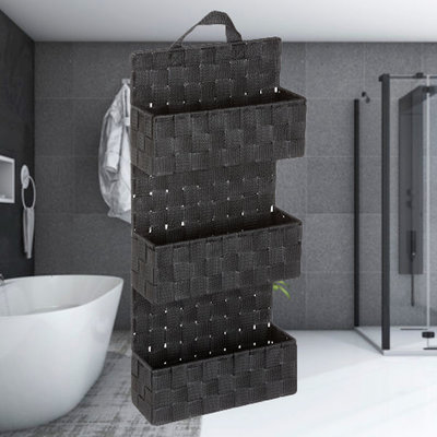 Decopatent Decopatent® Badkamerrek - Gevlochten badkamerplank - 3 Laags Badkamermand - Om op te hangen aan de muur - 25x9x57 Cm - Donkergrijs