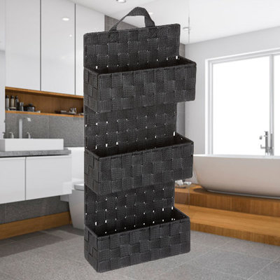 Decopatent Decopatent® Badkamerrek - Gevlochten badkamerplank - 3 Laags Badkamermand - Om op te hangen aan de muur - 25x9x57 Cm - Donkergrijs