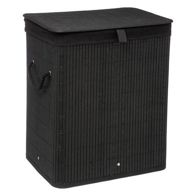 Decopatent Decopatent® Grote Bamboe Wasmand met deksel - 60 L - Wasmand 1 Vak met stoffen waszak - Opvouwbaar - Wassorteerder - Zwart