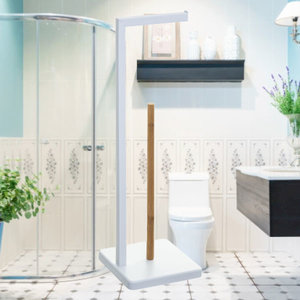 Decopatent Decopatent® Toiletrolhouder staand - Staande Wc Rolhouder - Toilet rolhouder - Bamboe / Metaal - Reserverolhouder - 5 Rollen - Wit