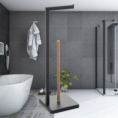 Decopatent Decopatent® Toiletrolhouder staand - Staande Wc Rolhouder - Toilet rolhouder - Bamboe Metaal - Reserverolhouder - 5 Rollen - Zwart