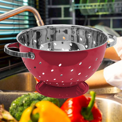 Decopatent Decopatent® Vergiet - Ø25 cm - Rvs Metalen Zeef - 2 Handvaten - Groente & fruit wassen / afspoelen - Pasta afgieten - Retro Rood