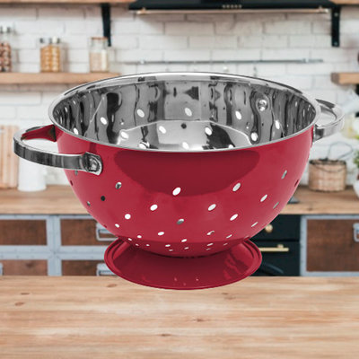 Decopatent Decopatent® Vergiet - Ø25 cm - Rvs Metalen Zeef - 2 Handvaten - Groente & fruit wassen / afspoelen - Pasta afgieten - Retro Rood