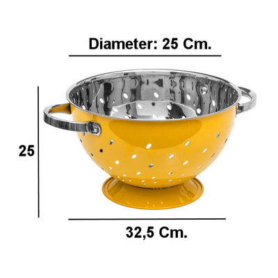 Decopatent Decopatent® Vergiet - Ø25 cm - Rvs Metalen Zeef - 2 Handvaten - Groente & fruit wassen / afspoelen - Pasta afgieten - Retro Geel