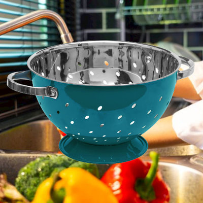 Decopatent Decopatent® Vergiet - Ø25 cm - Rvs Metalen Zeef - 2 Handvaten - Groente & fruit wassen / afspoelen - Pasta afgieten - Retro Blauw