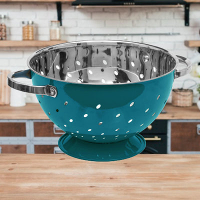 Decopatent Decopatent® Vergiet - Ø25 cm - Rvs Metalen Zeef - 2 Handvaten - Groente & fruit wassen / afspoelen - Pasta afgieten - Retro Blauw