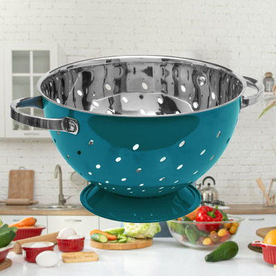 Decopatent Decopatent® Vergiet - Ø25 cm - Rvs Metalen Zeef - 2 Handvaten - Groente & fruit wassen / afspoelen - Pasta afgieten - Retro Blauw