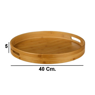 Decopatent Decopatent® Houten Dienblad Rond - Ø40 Cm - Rond Koffie / Thee dienblad - Dienblad met handvatten - Bamboe hout - 40 x 40 x 5 Cm