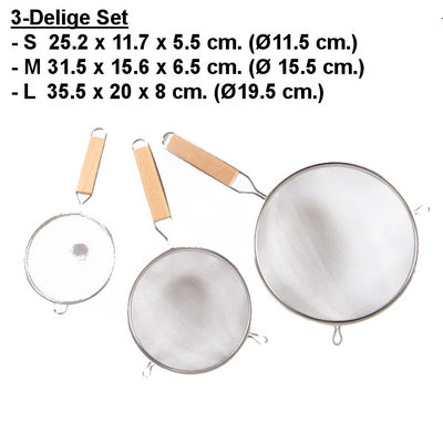 Decopatent Decopatent® 3 Delige Zeef Set - Vergiet - Rvs met houten Handvat - Klein Ø11.5 / Medium Ø15.5 / Groot Ø19.5 - Vergiet bolzeef SET