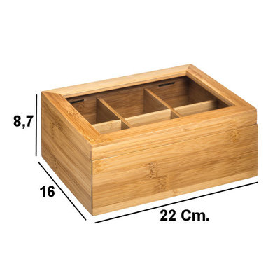 Decopatent Decopatent® Theedoos 6 vaks - Design theedoos met doorzichtig venster - Theebox met Optil deksel - Bamboe Hout - 6 vakken theekist