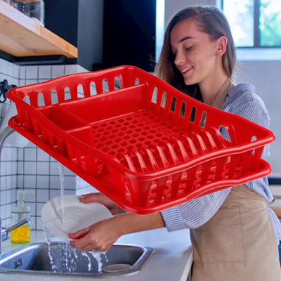 Decopatent Decopatent® Afdruiprek voor afwas - Afdruiprekje met Lekbak - Kunststof Afdruipmat -  Afwassen borden & bestek - 32.5x49x9 - Rood