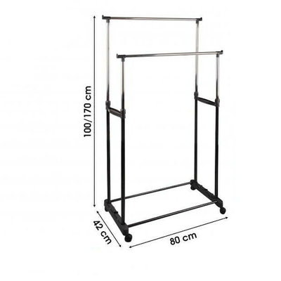 Decopatent Decopatent® Verrijdbaar Dubbel Kledingrek op wieltjes - 2 Laags - Hoogte verstelbaar 100 >- 170 Cm - Metaal garderoberek op wielen