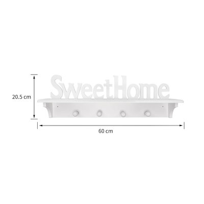 Decopatent Decopatent® Wandkapstok hout - Sweet Home - 4 ophang haken & Legplank - Wandrek Kapstok voor Muur of Wand - Garderoberek - Wit