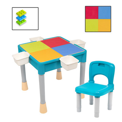 Decopatent Decopatent® - Kindertafel met 1 Stoeltje - Speeltafel met bouwplaat en vlakke kant - 4 Bakjes - Geschikt voor Lego® Bouwstenen